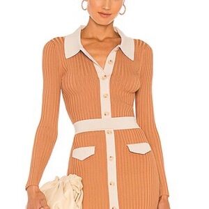 SIMKHAI Elegant Tan Ribbed Button-Up Cardigan & Skirt